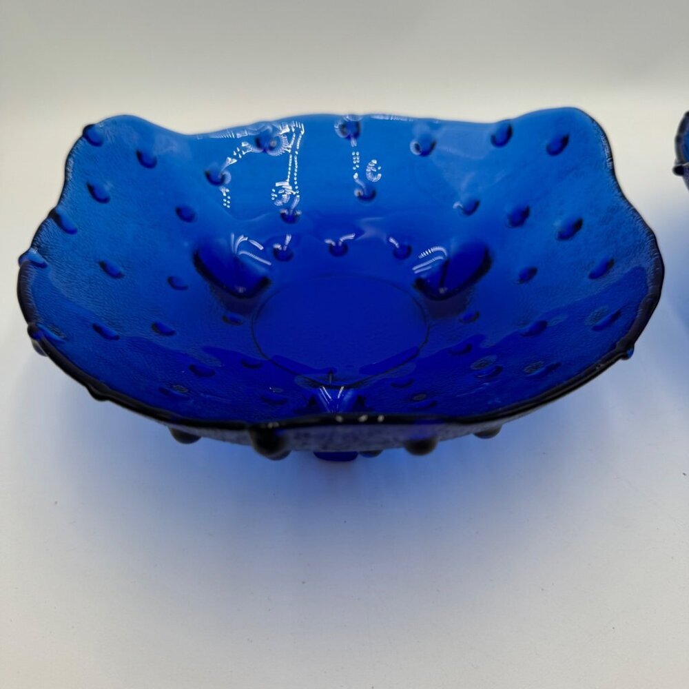 Unusual Vintage Collectible Cobalt Blue Blown Glass Hobnail Footed Serving Bowl